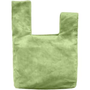 A soft, light green Velvet Knot Wrist Bag with a unique handle design. It has a subtle texture and a logo.