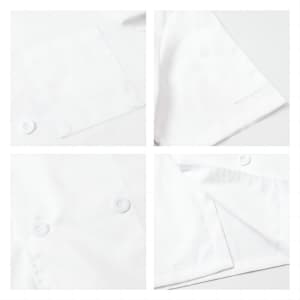 A white double-breasted chef jacket featuring short sleeves, buttons, and a pocket. The fabric appears smooth and crisp.