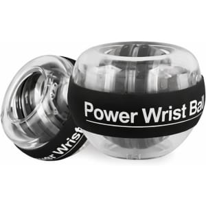 A transparent wrist ball in two sizes with a black band, featuring a logo.