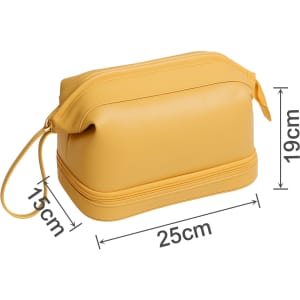 A large capacity yellow PU toiletry bag with a zip closure and a wrist strap, featuring a smooth finish.