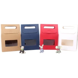A collection of die cut handle bags in brown, navy, red, and white, featuring a transparent window and small animal figurines.