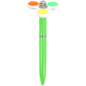 A green fidget pen with three brightly coloured buttons in orange, yellow, and green on top. It has a logo.