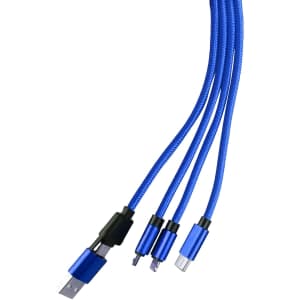 A blue custom shape light-up charging cable with three connectors, featuring a keyring attachment and a logo.