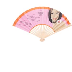 A foldable fan in pink and orange hues featuring a design of a woman's face and decorative patterns, with a logo.