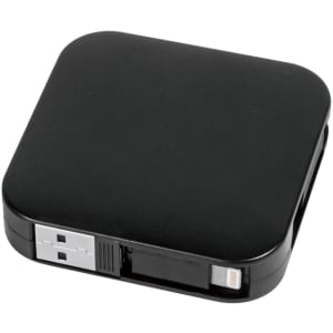 A black 60W 4-in-1 retractable charging cable with a built-in phone stand and a logo on its side.