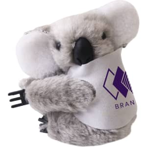A grey koala plush toy with white ears and a branding logo, shaped to grip onto objects.