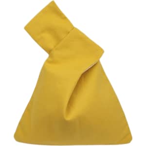 A cotton wrist bag in a vibrant yellow colour with a unique folded design and a logo.