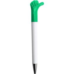 A pen with a white body and a green thumb-shaped topper, featuring a shiny silver tip.