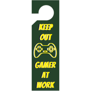 A green custom-shaped PVC door hanger with text and a game controller graphic. It features a hanging hole.