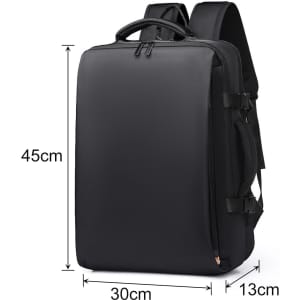 A black travel backpack with a sleek design, featuring adjustable straps and a handle. It has a logo on the front.
