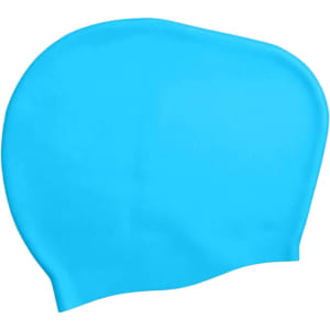 A silicone swim cap for women with long hair in a bright blue colour, featuring a simple design and a logo.