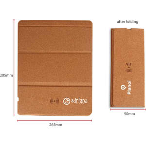 A foldable cork wireless charger in a natural brown colour, displayed in both expanded and folded forms.