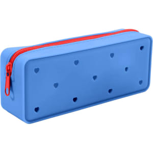 A light blue silicone pencil case with red zipper and heart-shaped holes on the side.