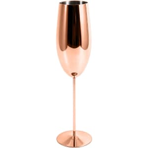 A stainless steel champagne flute in a shiny rose gold colour with a sleek, modern design.