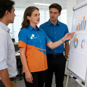 A woman in an orange and blue shirt stands beside a whiteboard, discussing graphs with two men in blue shirts.