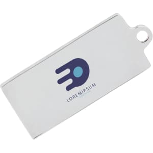 A silver mini flash drive with a branding logo and a hole for attachment.