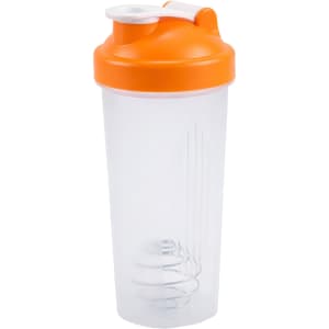 A drink bottle featuring a transparent body with an orange lid, designed for mixing protein shakes.