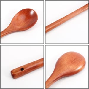 A long handle wooden spoon in natural wood colour with a smooth finish, showcasing different angles and details.