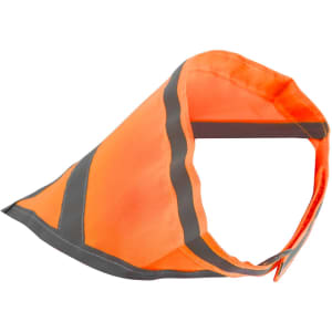An orange reflective dog bandana with black accents, featuring a logo.