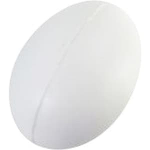 An egg-shaped stress reliever in white with a smooth surface and a subtle seam detail. Features a logo.