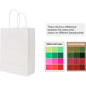 A white Kraft paper bag with twisted handles, showcasing different print colour options against various backgrounds.