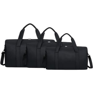 A set of three black durable duffle bags in varying sizes, featuring handles and removable shoulder straps.