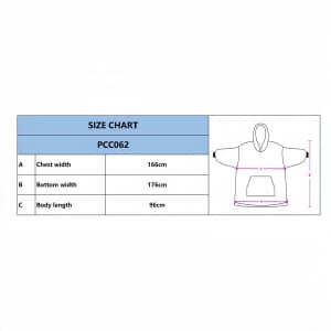A size chart for a unisex wearable blanket with measurements for chest width, bottom width, and body length.
