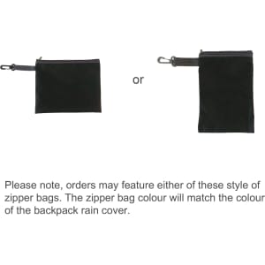 A black zipper bag displayed in two styles, with a clip-on option. Both bags match the colour of the backpack rain cover.