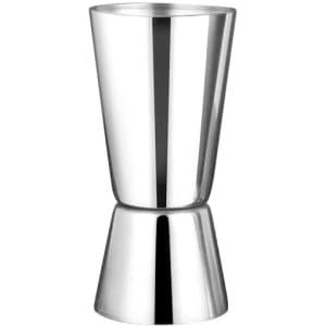 A stainless steel double jigger with a sleek, reflective finish for precise measuring. It has a logo on its surface.