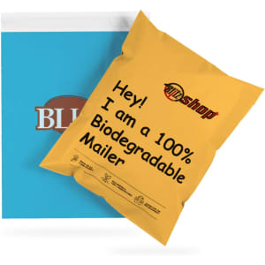 A large yellow biodegradable mailer bag displayed next to a blue envelope bag, featuring a logo.