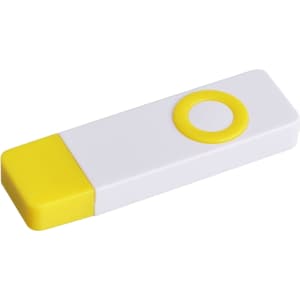 A white and yellow flash drive featuring a circular design on one end and a smooth surface.