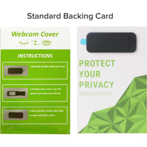 A black webcam cover displayed on a standard backing card featuring instructions and a privacy message.