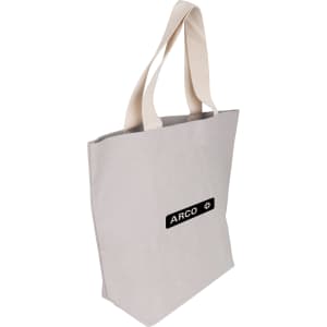 A large grey washable kraft paper bag with cotton handles and a logo.