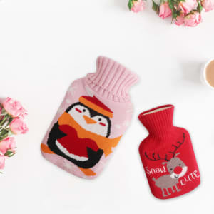 A hot water bottle features a pink penguin knitted cover alongside a red reindeer cover, surrounded by flowers.
