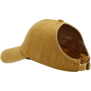A brown ponytail top hat with an open back design, featuring a logo on the side.