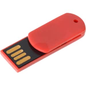 A red paper clip flash drive featuring a sliding cover and a USB connector, with a logo displayed on the surface.