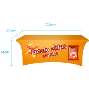 An orange stretch table cover featuring paprika-flavoured potato chips, with dimensions indicated in the image.