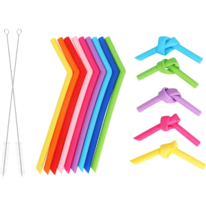 A collection of reusable silicone straws in various colours, with two cleaning brushes included.