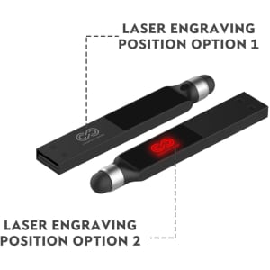A black backlit logo flash drive with stylus ends, featuring two options for laser engraving.