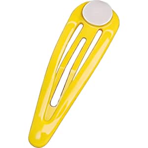A yellow hair clip with a smooth circular feature at one end and slotted design for styling. Includes a logo.