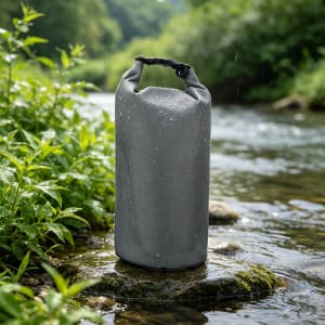 A grey Oxford cloth dry bag stands on a rock in a stream, with droplets of water on its surface and greenery in the background.