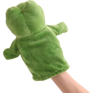 A green plush frog hand puppet with a soft texture and outstretched arms.
