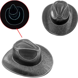 Light up cowboy hats in black with illuminated edges, featuring a classic cowboy hat design and a logo.