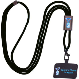 A black adjustable phone lanyard with a metal buckle and a logo attached.