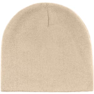 A beige beanie made from knitted fabric, featuring a seamless design and a small branding logo.