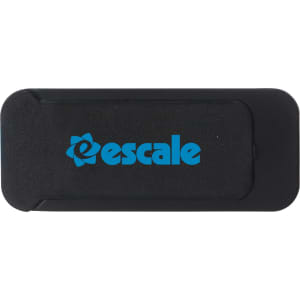 A black tablet webcam cover with a blue logo. It is sleek and designed for privacy.