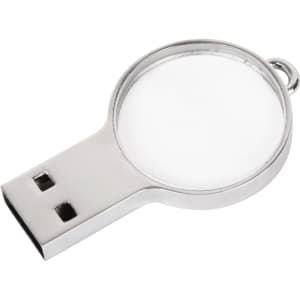A silver mini round crystal flash drive with a glossy surface and USB connector. It includes a branding logo.
