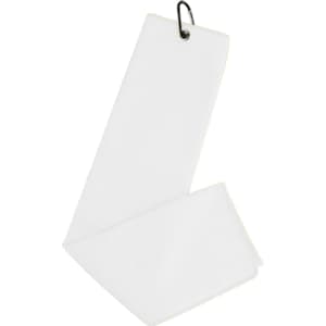 A white waffle golf towel with a hanging clip, featuring a textured fabric design.