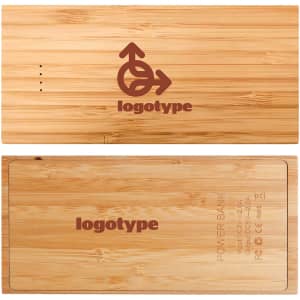 A bamboo wireless power bank in a natural wood finish, featuring an engraved logo on both sides.