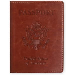 A brown RFID PU leather passport holder with embossed details and a logo.